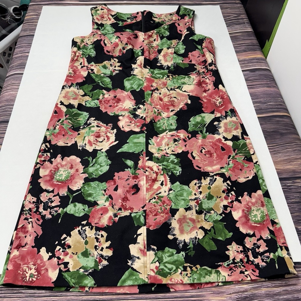 Talbots Floral Sheath Dress Womens 16 Black Pink V-Neck Cotton Blend Stretch - Picture 6 of 14
